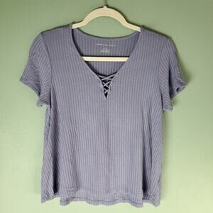American Eagle Womens Purple Ribbed Lace-up V-Neck Short Sleeve Top Size Small